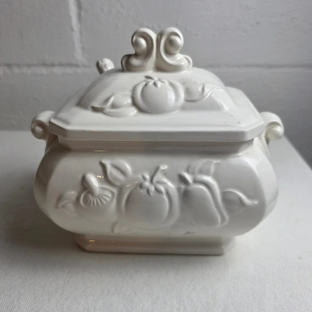 Vintage 50s Himark White Ceramic Fruit Embossed Tureen Lid Ladle Farmhouse Decor
